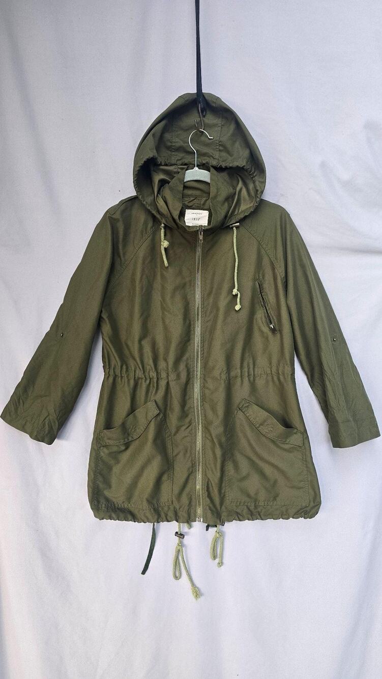 IRIS Los Angeles Jacket Womens Small Green Hooded Anorak Zip Pockets Mid Length